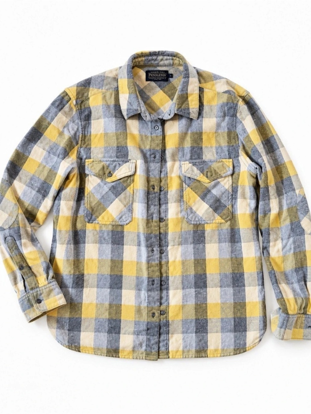 Pendleton Men’s Plaid Flannel Shirt Size Large 100% Cotton Elbow Patches